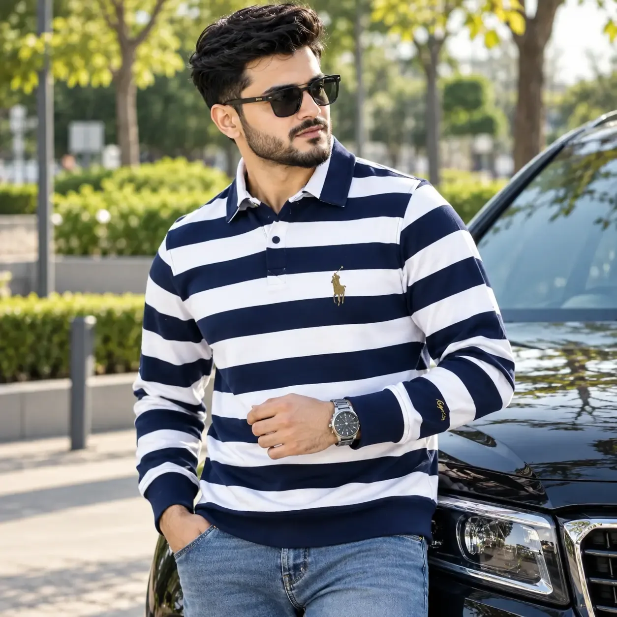 SWT03 Navy Blue & White Check Collar Sweatshirt